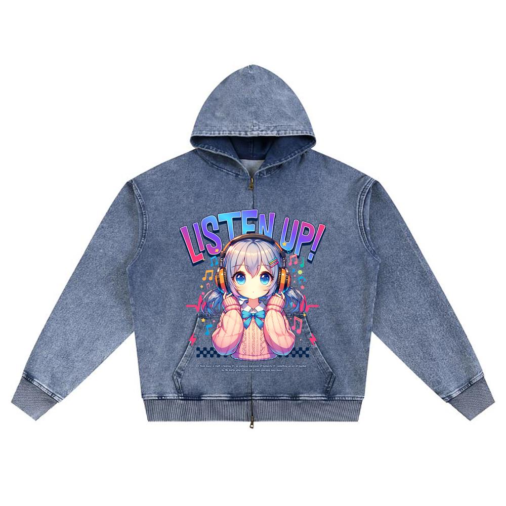 DTG Print Knitted Denim Zip-Up Hoodie Listen Up Brother Print Zipper Hoodies  