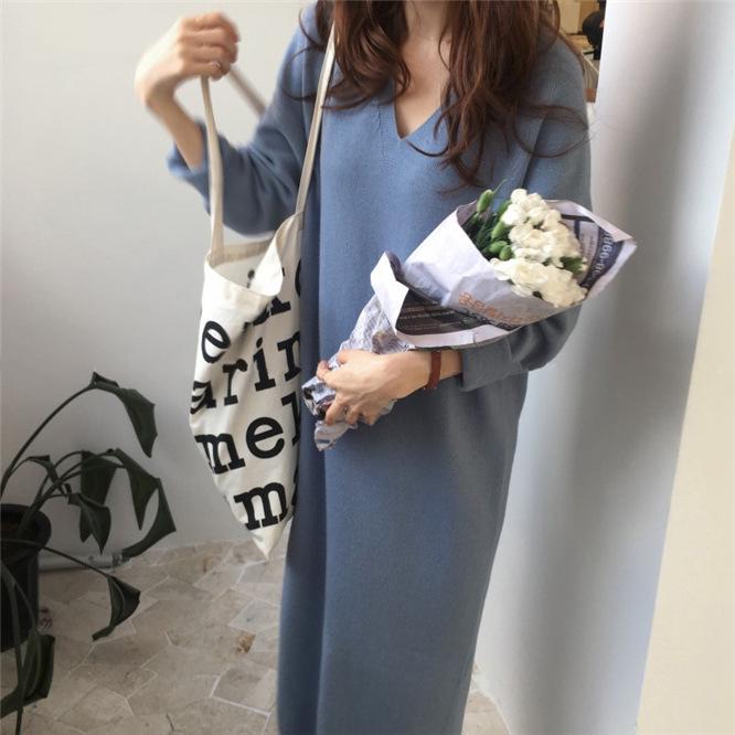 2022 Autumn/Winter Korean V-neck Chic Knit Dress - Slimming, Mid-length, Loose, Woolen Skirt