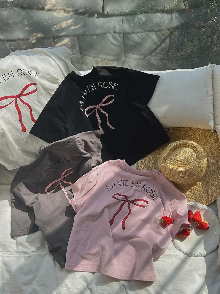Lockeres T-Shirt-Kleid im koreanischen Stil für Mädchen mit Schleife auf der Rückseite – kurzärmlige Sommerkleidung, mittlere Größe