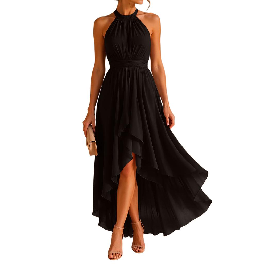 Women's Chiffon Neck Sleeveless Asymmetrical Dress with Waist Tie for Evening Parties