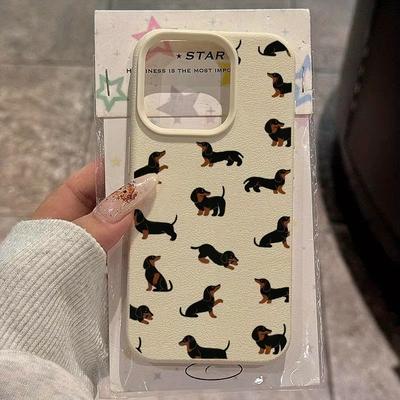 Cute Black Sausage Dog Pattern Lychee Phone Case For iPhone 17 Pro Max 11 12 13 14 15 16 17Air 15 14 Plus X XS XR Soft Cover