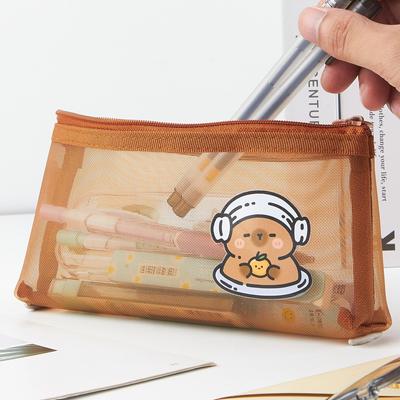 Capybara-Federmäppchen aus Netzstoff, Cartoon-Design, einfache, transparente Aufbewahrungstasche für Schreibwaren, Schule