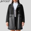 BITCED Mid-Length Women's Leather Jacket with Patchwork Details, Reversible Vintage Style, Fleece-Lined Thickened Leather and Fur Combination Coat