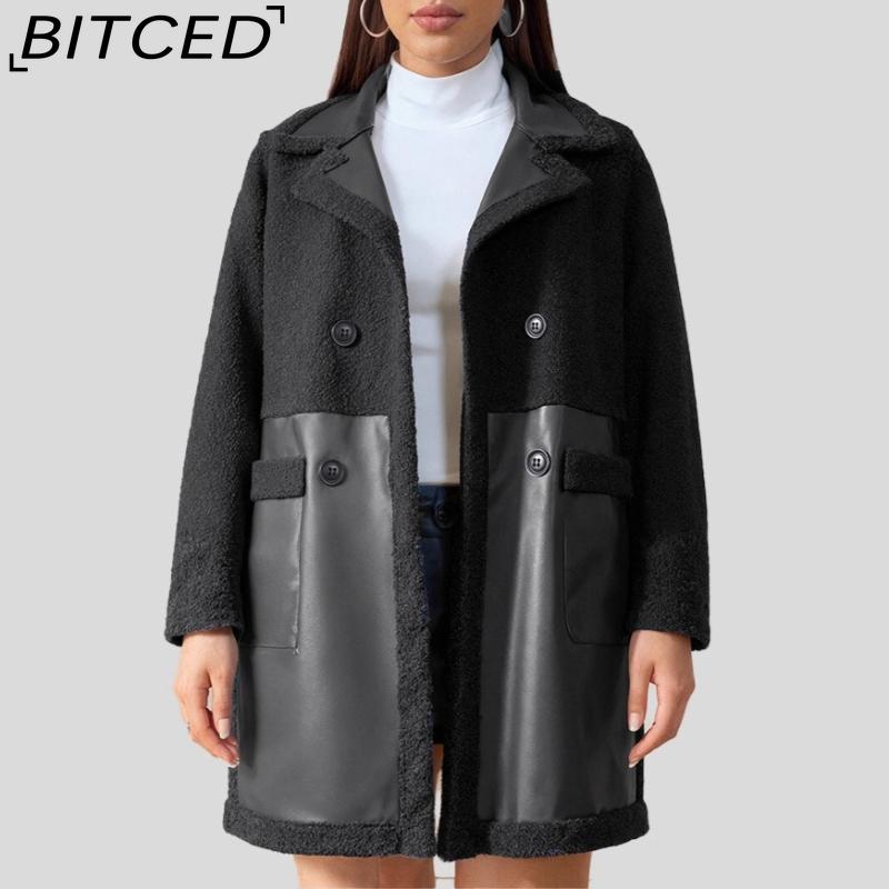 BITCED Mid-Length Women's Leather Jacket with Patchwork Details, Reversible Vintage Style, Fleece-Lined Thickened Leather and Fur Combination Coat