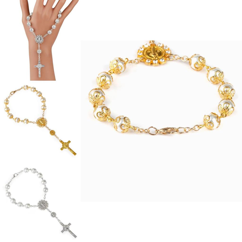 Elegancka Złota i Srebrna Koronkowa Imitacja Szkła Perłowa Różana Bransoletka Różaniec Z Krzyżem