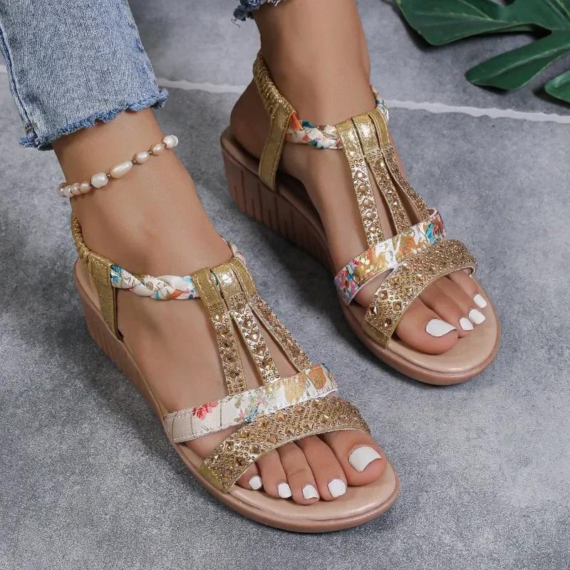 Fashion Shoes for Women 2024 Plus Size Women's Sandals Summer Casual Sandals Women Crystal Mixed Colors Elastic Band Wedge Shoes Ladies