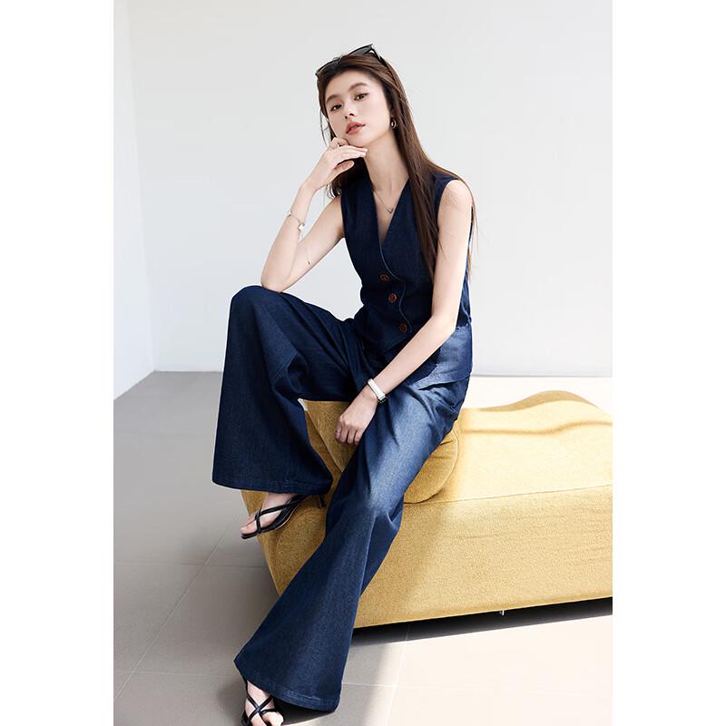 VICTORIA&VERA Women's Faux Denim V-Neck Vest & Wide-Leg Pants Set