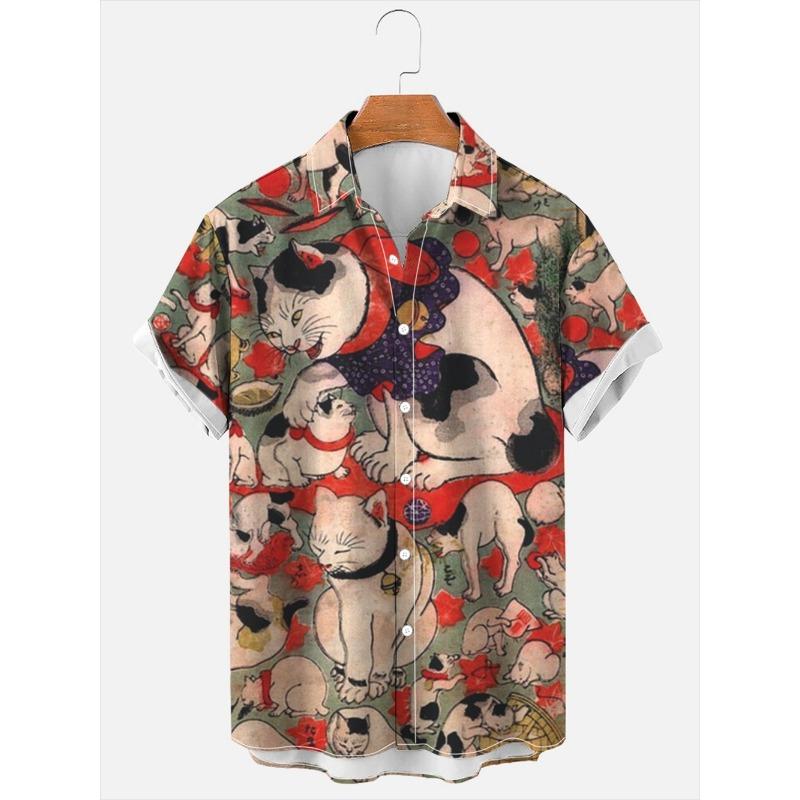 Hawaii Men's Shirt Anime Shirt Cartoon Short-sleeved Tops Summer Casual Men's Clothes Street Animals Cats Retro 3d Tees