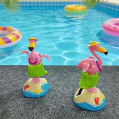 Cute Flamingo Solar Car Ornament Plastic Dashboard Decor with Automatic Swing Hawaiian Grass Skirt Design Car Desk Seaside Decoration Novelty Gift