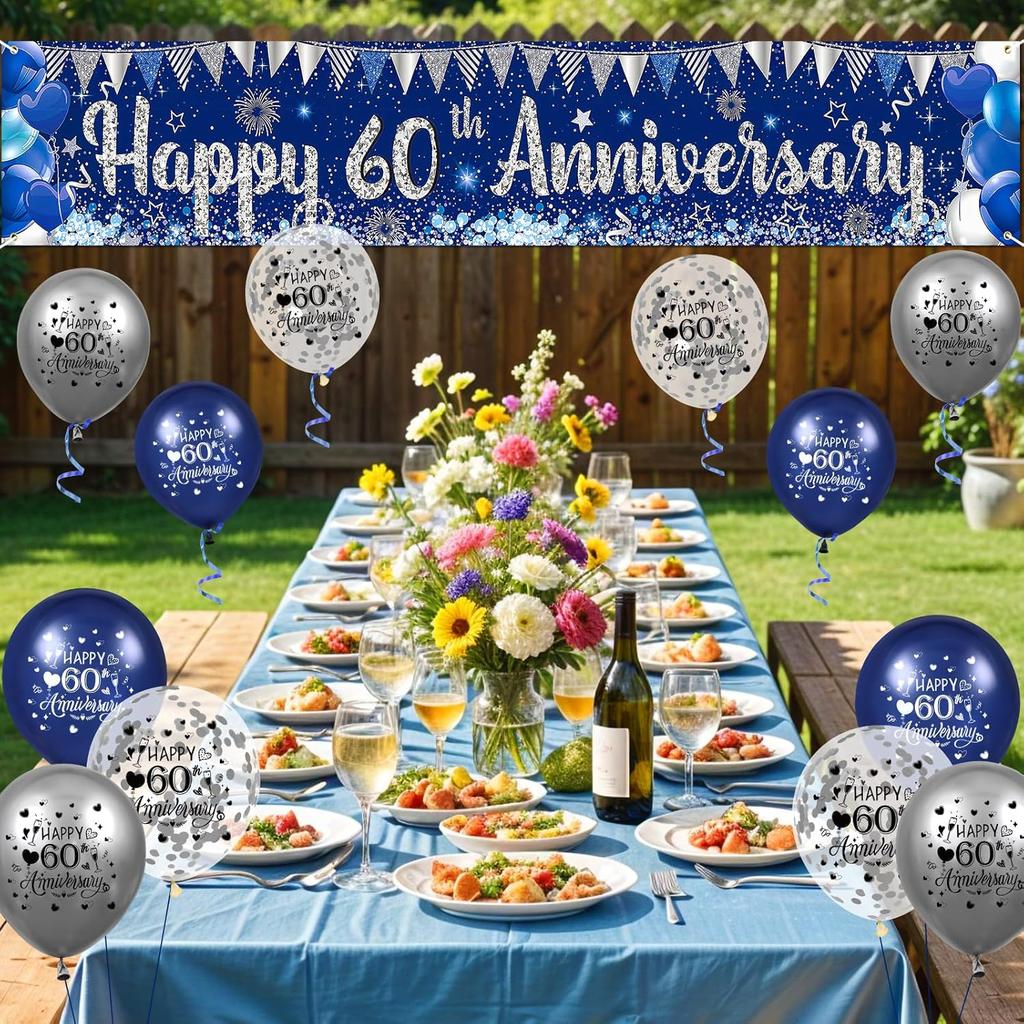 Blue Silver 60th Wedding Anniversary Decorations for Men Women Blue Silver Happy 60th Anniversary Banner and 18Pcs Balloons for 60 Years Wedding