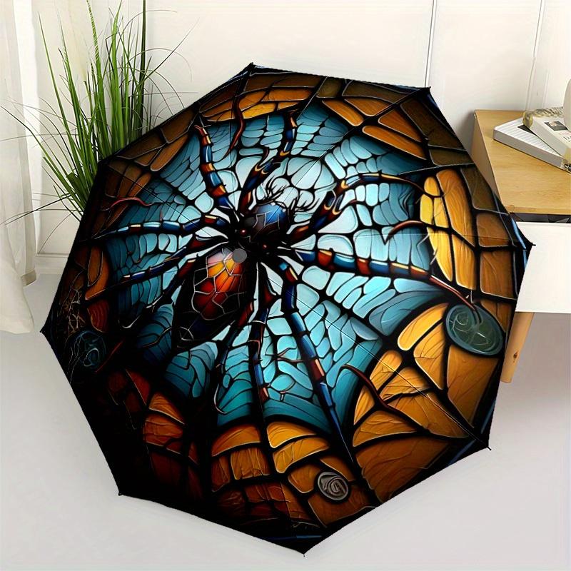 1pc Spider StainedGlass Compact Travel Umbrella, Automatic Folding Lightweight Windproof 8-Bone Reinforced Design, Portable for Backpack Dur