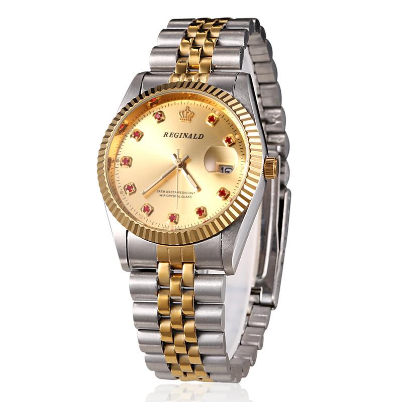 REGINALD Brand Mens Dress Style Business Watch Steel Wristband Golden Men Quartz Watch Valentine's Day Present For Man