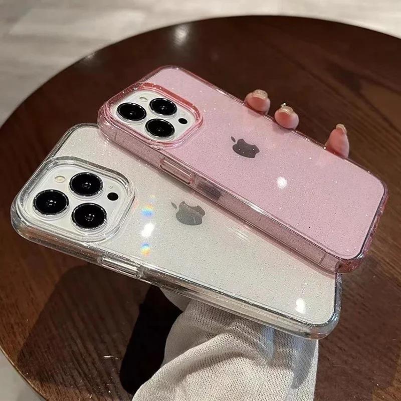 Trransparent Glitter Case For iPhone 15 14 13 11 12 Pro Max Plus X XS Max XR Bling Clear Soft Silicone Cover funda