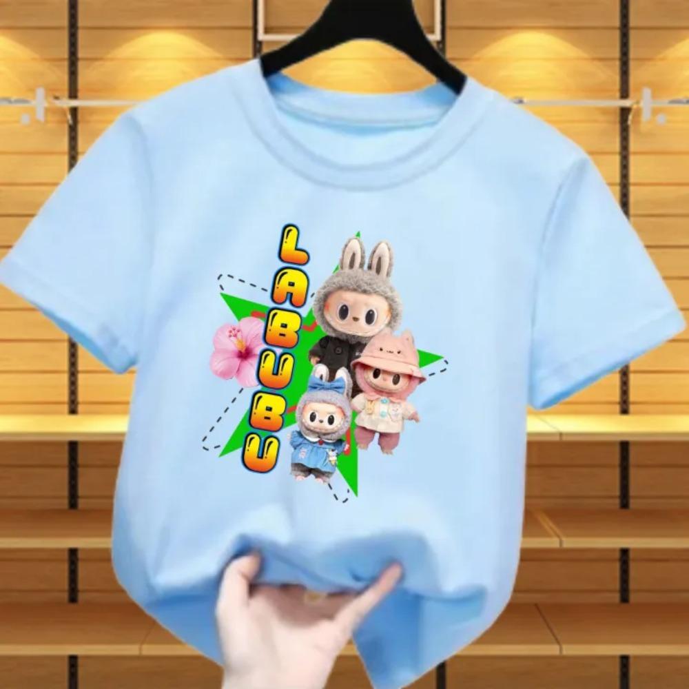 New Labubu Children's T-shirt Scarf LABUBU and Flower Pattern Girl Round Neck Short Sleeve Casual Versatile Clothing