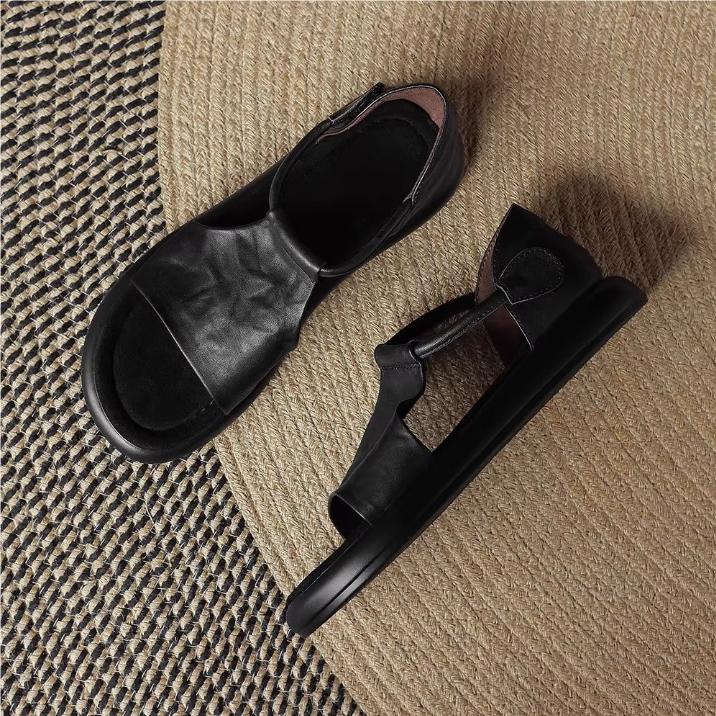 

Женские сандалии с открытым носком на плоской подошве, летние, в стиле ретро, из мягкой кожи, удобные, с мягкой подошвой, универсальная женская обувь в римском стиле 35 чёрный