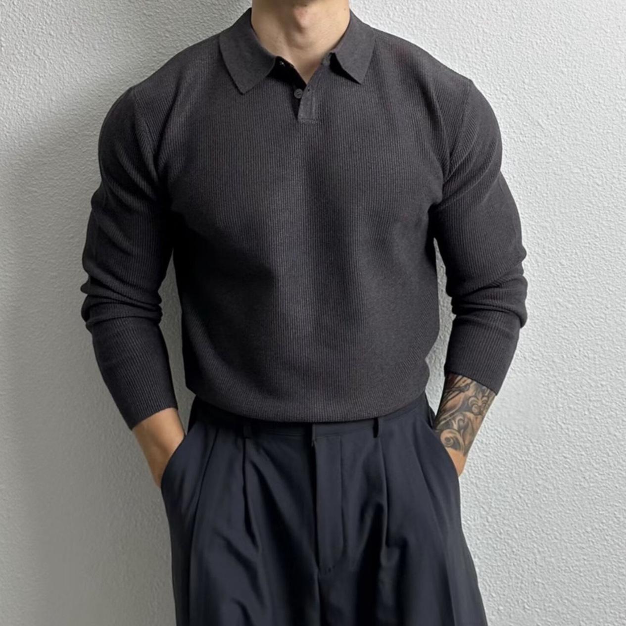 Men s Autumn Winter Loose Knit Polo Sweater - Solid Color, High-End Korean Style M