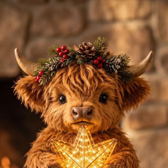 Charmantes Weihnachtsgeschenk Hochlandkuh Leuchtender Stern Baumspitze, Beleuchtete Dekoration mit Festlichen Innen-Weihnachtsdekorationen Warmes LED, Batterie