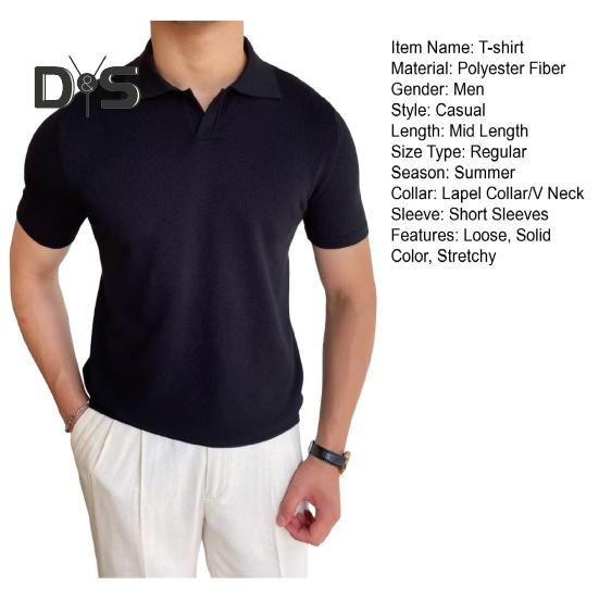 Pánské letní tričko s krátkým rukávem, ohrnutým límcem, výstřihem do V, jednobarevný volný svetr, střední délky, pro obchodní příležitosti, kancelář, randění