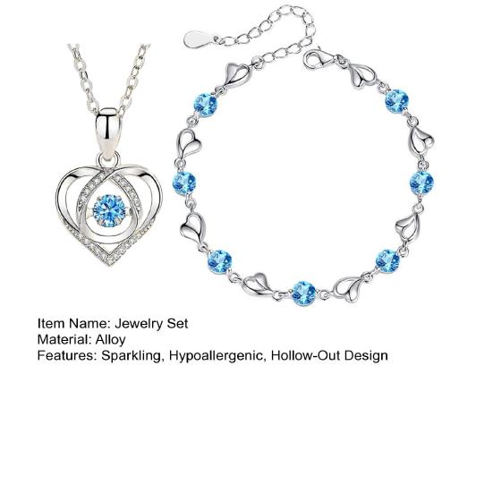 Yousheng 1 Set Hollow-Out Heart Necklace Bracelet Blue Rhinestone Necklace Love Heart Bracelet Women Jewelry Anniversary Valentine's Day Gift for Her
