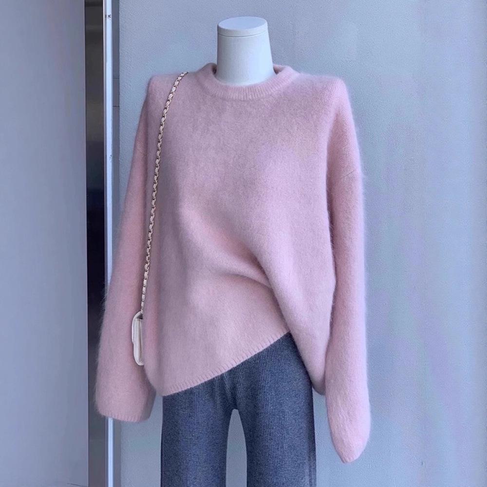 Women's Pink Mink Velvet Round Neck Pullover - Soft, Thick, Loose Knit Sweater for Autumn/Winter