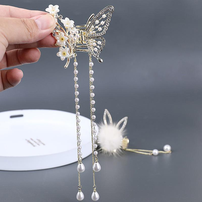 Butterfly Tassel Pearl Hair Claw Red Flower Festival Hairpin For Girls Ponytail Hair Clips Crab Women  Accessories Gifts