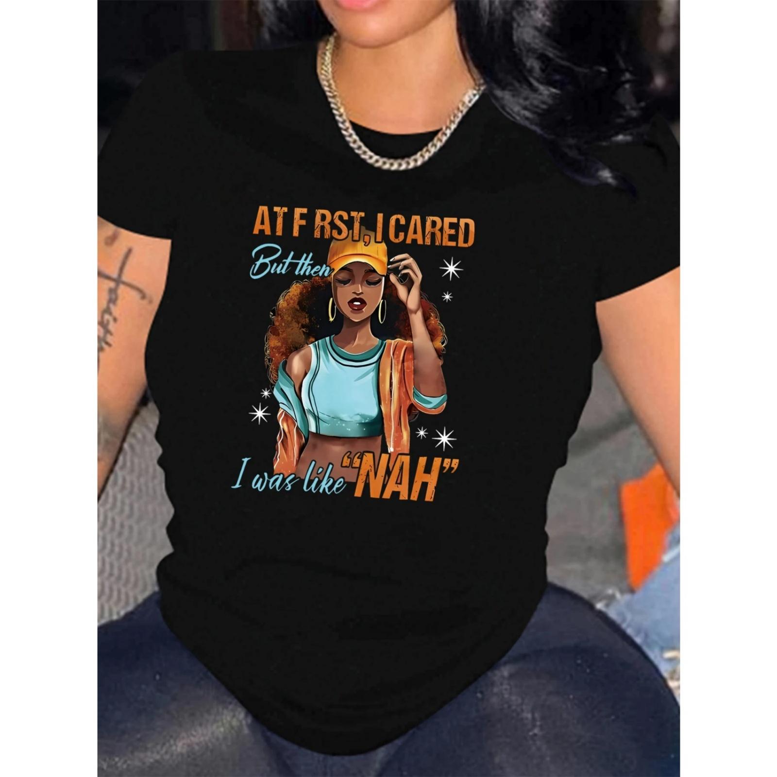 

Cartoon print t-shirt short sleeve crew neck casual top for summer & spring women s clothing S