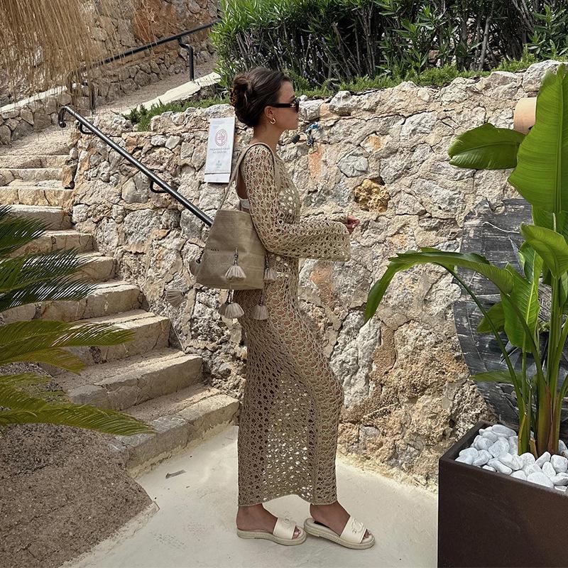 2024 Women's European & American Knitted Beach Dress: Hollow Out, Solid Color, Sexy Backless, Tie-Up, Long Sleeve Maxi Dress & Bikini Cover-Up