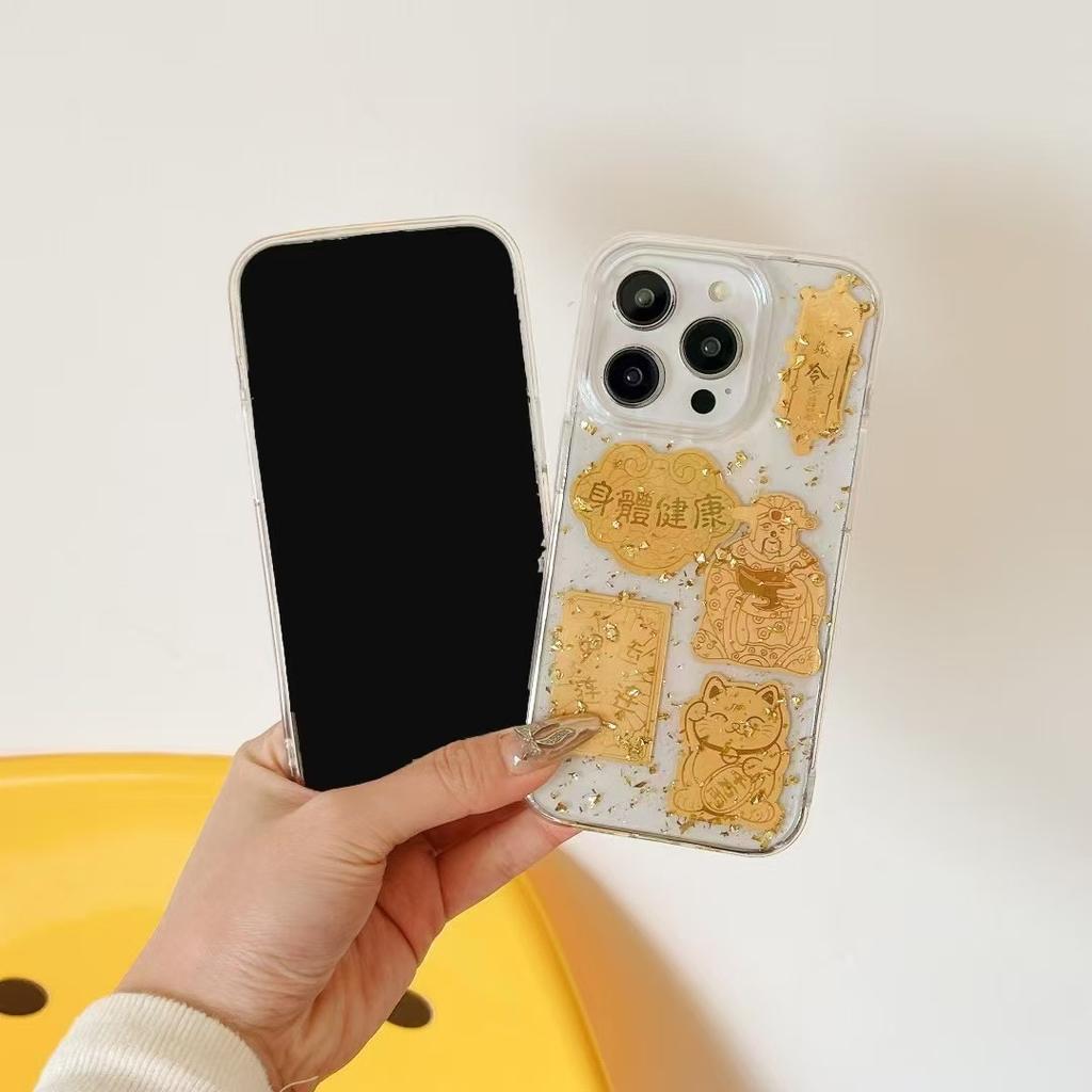 Applicable To Apple 16promax Epoxy Gold Foil Mobile Phone Case iPhone15 Rich Text 14 All-inclusive 13 Anti-wear 12