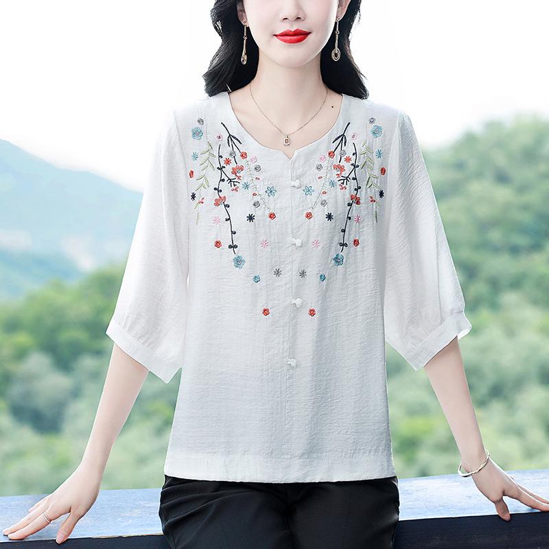 2026 Summer Embroidered Cotton-Linen Top for Slimming and Covering, Ideal for Middle-Aged and Elderly Women