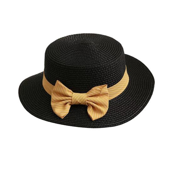 

Beach Straw Hat Flat Top Wide Brim Sun Protection Hat with Striped Print Ribbon Bow Hand-Woven Breathable Summer M