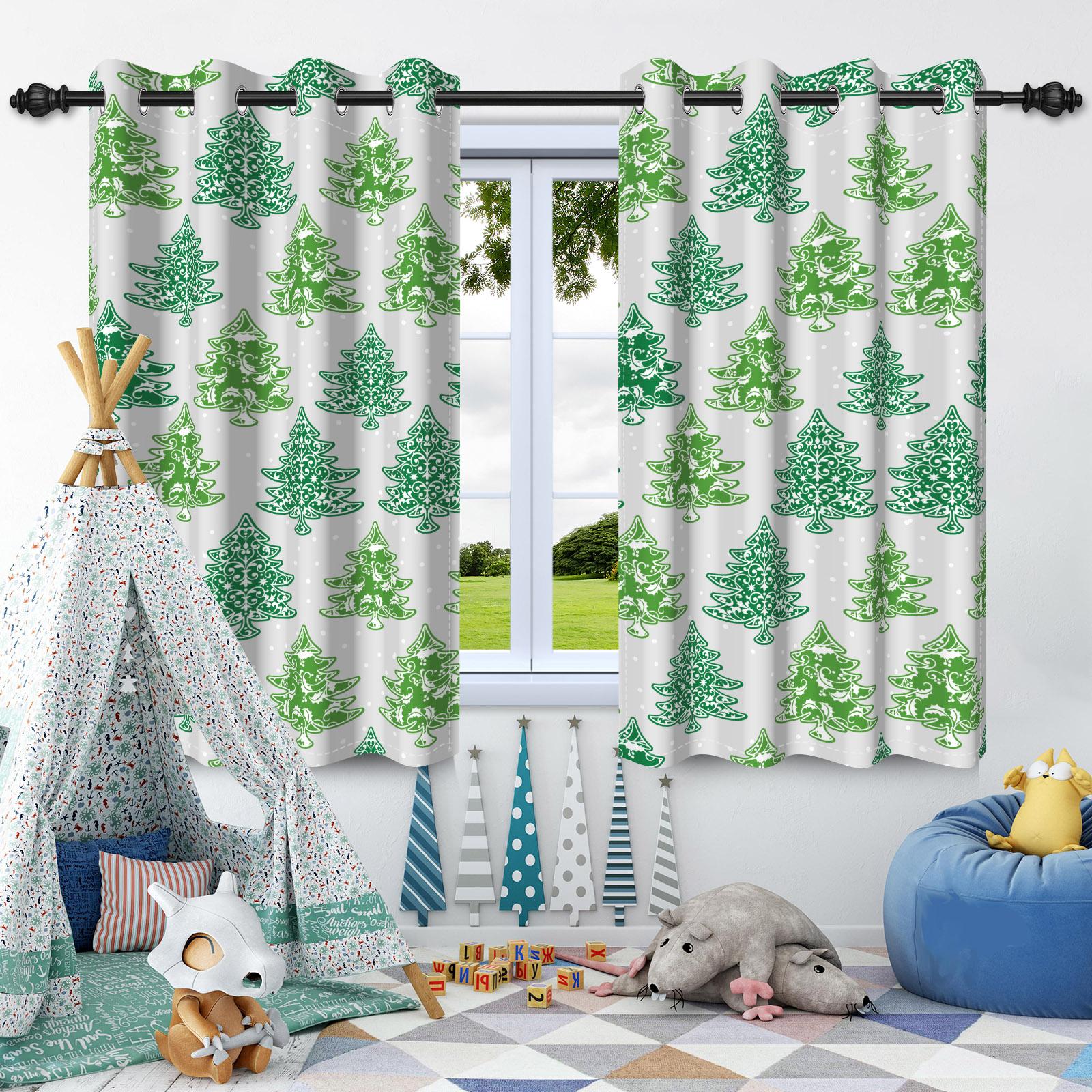 

2pcs Christmas Window Curtains Pine Trees Gingle Bells Green Holy Leaf Christmas Home Decor Bedroom Living Room Darkening Drapes 50x120cm 2pcs