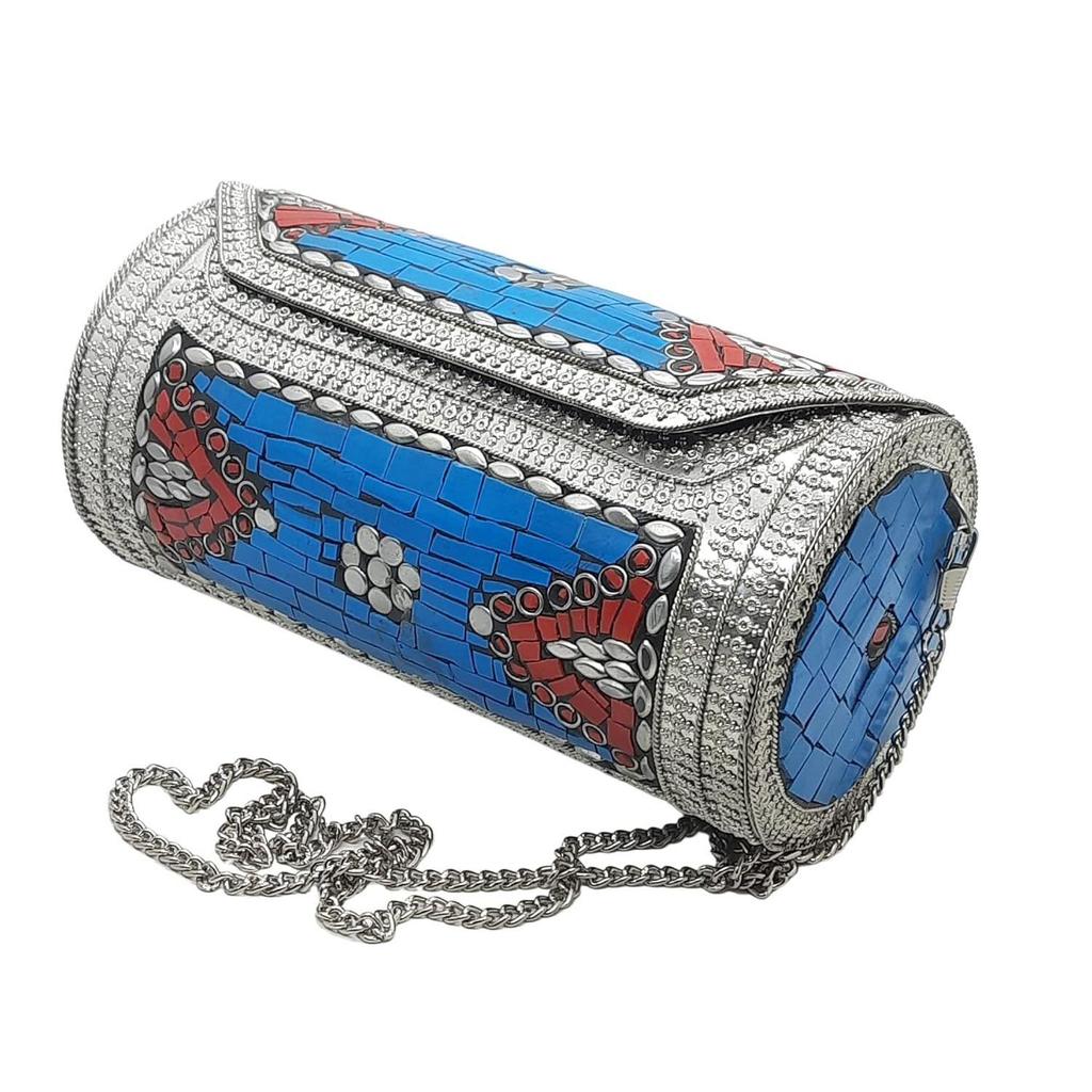 Eye Catching Handmade Cylinder Round Ethnic Stone Metal bag Antique Bridal clutch