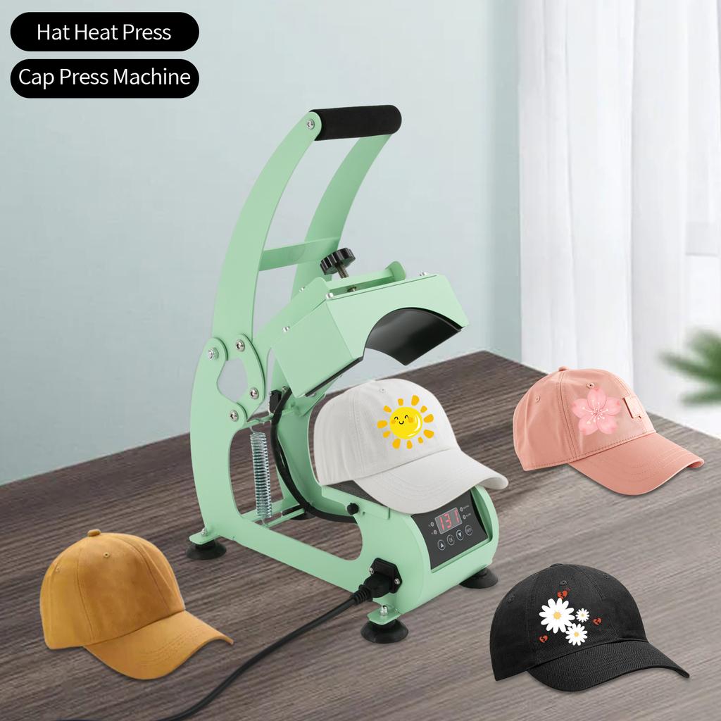 2-in-1 Green Hat Heat Press Machine W/ Timer & Temperature Control - Digital Precision,Non-Slip Base,DIY Customization for Hats
