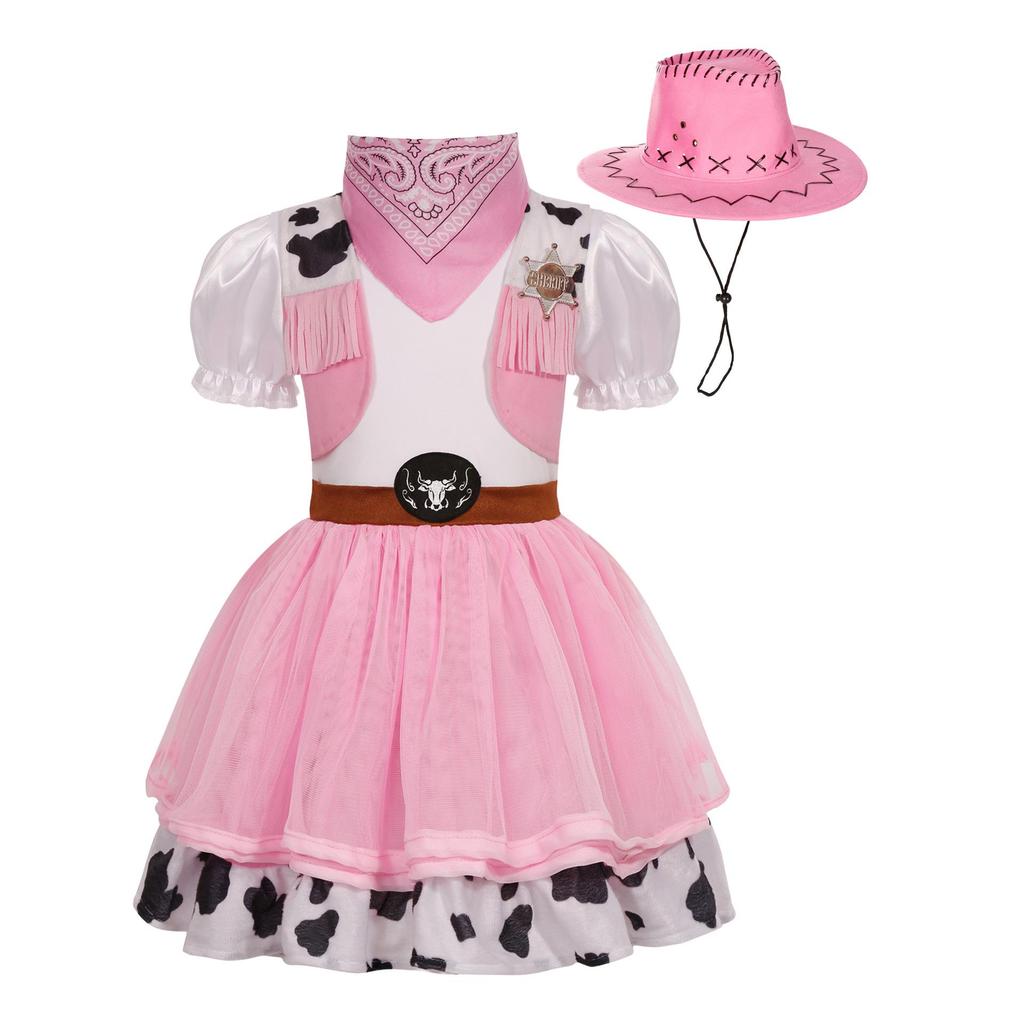 Set Gonna Costume Western Cowboy in Denim Rosa per Bambina per Halloween e Festival