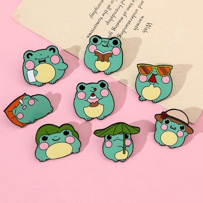 Creative Frog Shape Brooch Cute Act Cute Little Frog Wearing Straw Hat, Lotus Leaf, Umbrella Reading Metal Badge