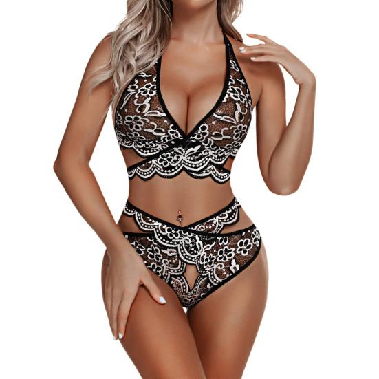 Sexy Lace Underwear Set Floral Lace Bralette And Panty Babydoll Outfits Halter Bra V Waist Briefs Women 2 Piece Underwear Set