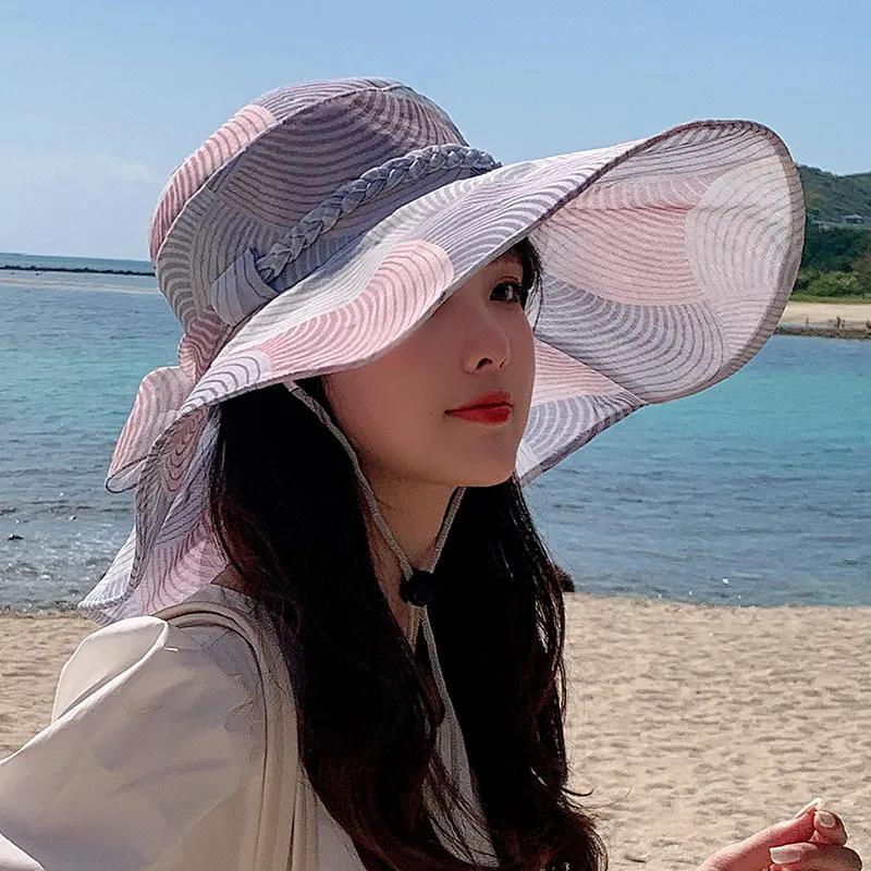 WTEMPO Retro Elegant Wide Brim Mesh Bow Large Sun Hats Women's Summer Casual Versatile Outdoor Beach Holiday Sunshade Hats