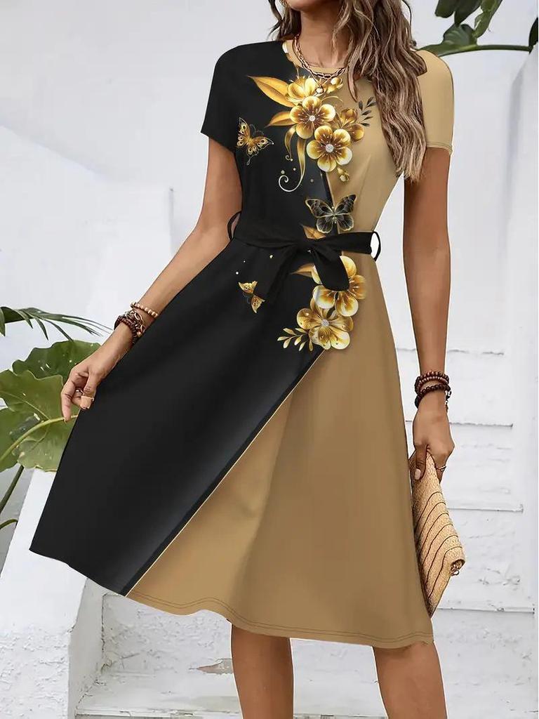 2026 Women's Casual Printed Belted Dress, European & American Summer Bestseller