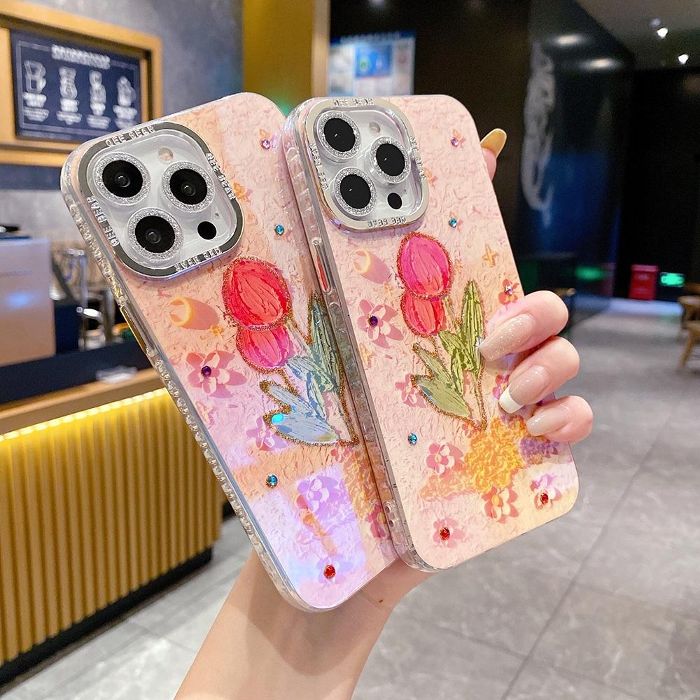 For iphone 15 Pro Max 14 plus Sparkling Pink Silver Lens Circle Fashion Flower Phone Case For iphone 15 14 13 12 Pro Max 11 Soft silicone Back Cover