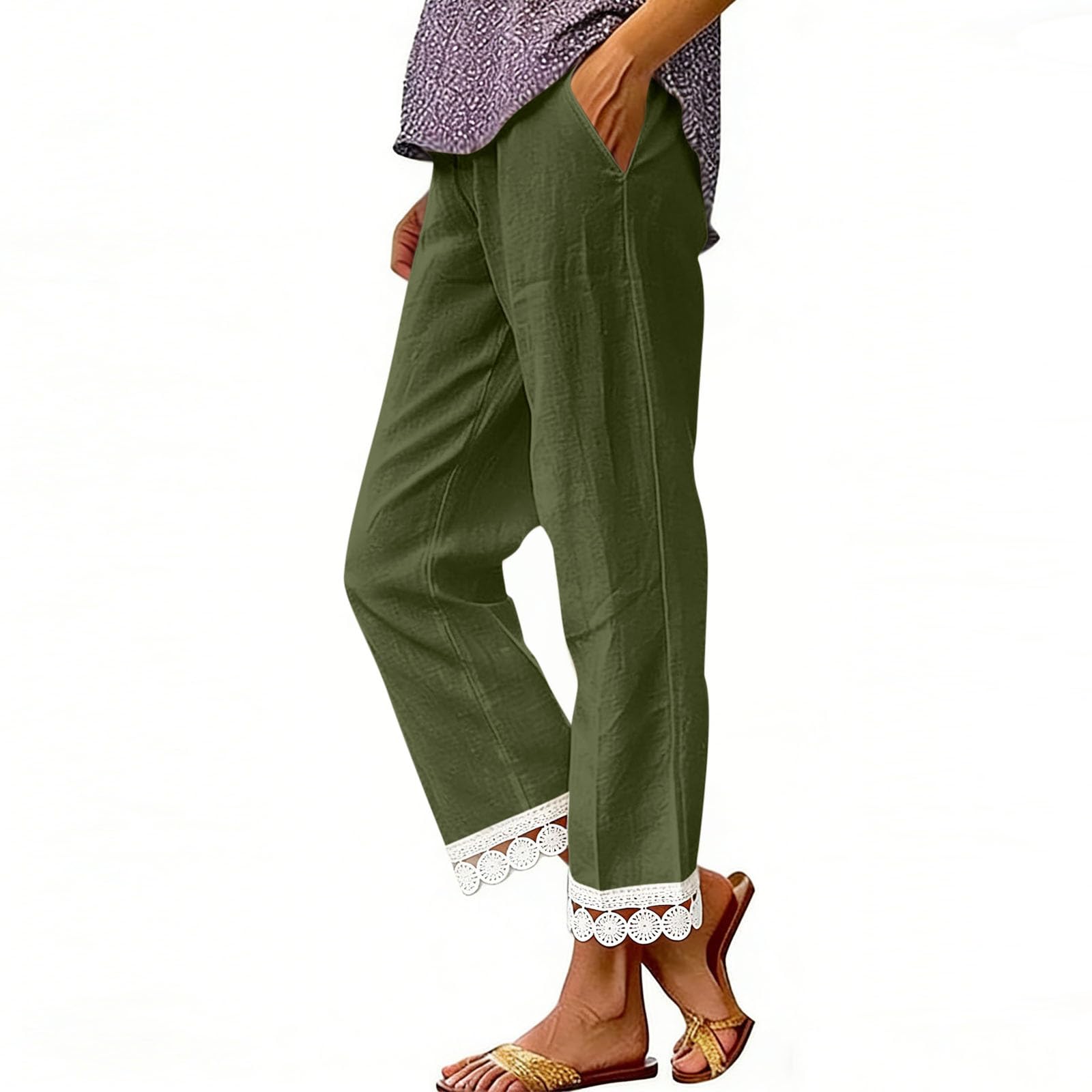 

Women s Fashion Color Elastic Waist Pocket Lace Splicing Casual Straight Pants L