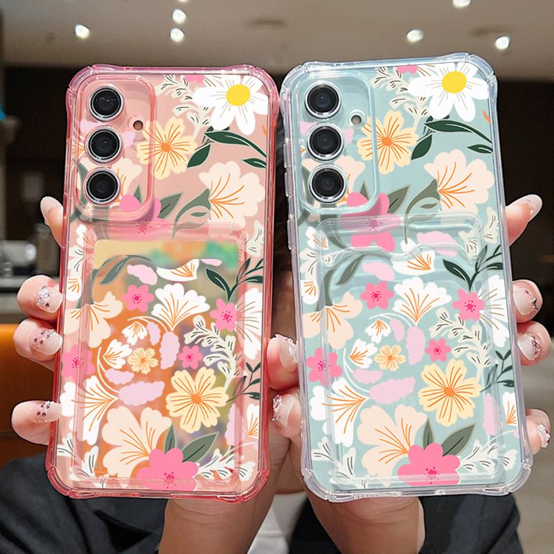 Flower Card Bag Wallet Clear Case For Samsung Galaxy S25 Edge S24 S22 Ultra S23 FE A56 A55 A54 A35 A15 A16 5G Soft  Phone Cover