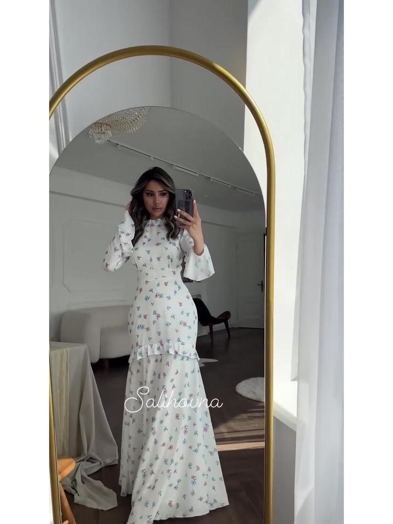 European & American Floral Ruffle Long Dress - Gentle Style, Fresh Spring White, 2024 Collection