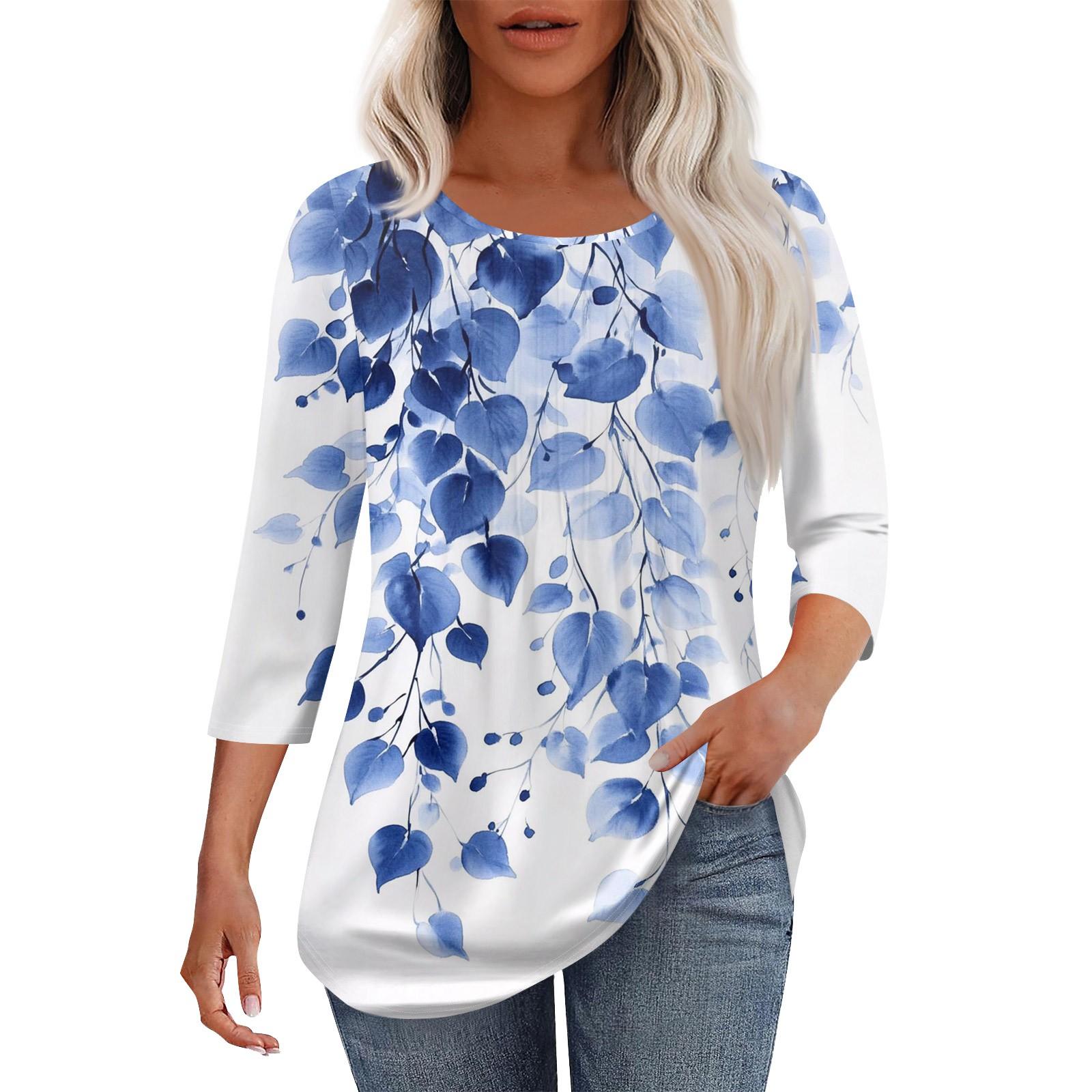 

Женская мода повседневная плиссированная футболка с круглым вырезом и принтом с рукавом три четверти XL