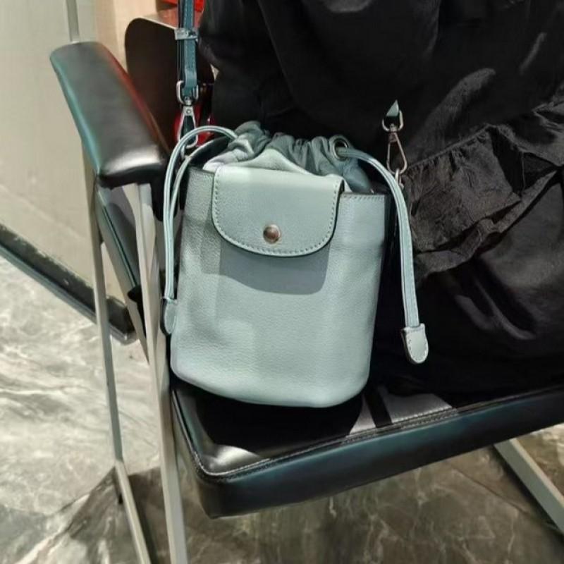 Genuine Leather Mini Bucket Bag Womens Top Grain Cowhide Drawstring Crossbody Phone Purse Urban Chic Small Shoulder
