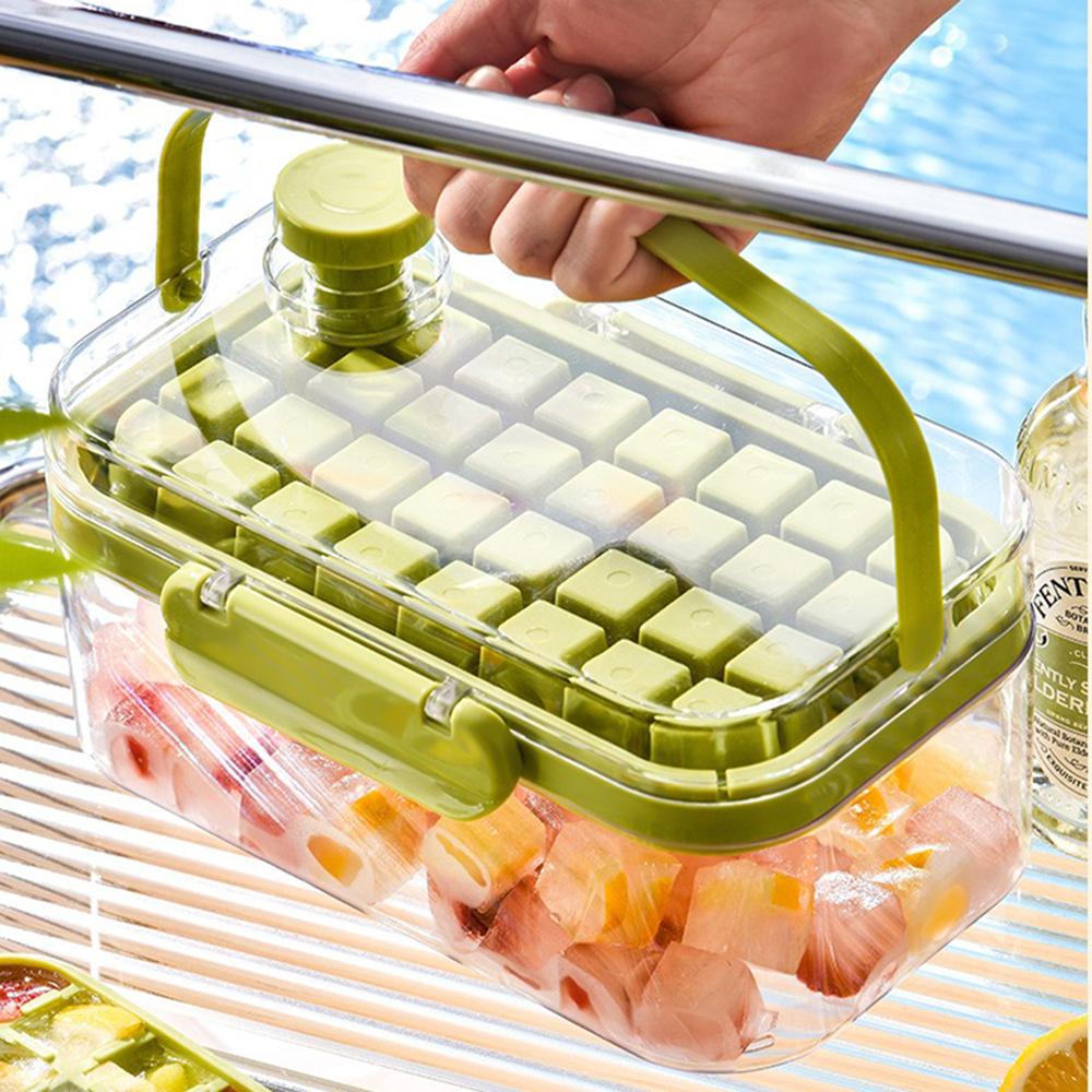 Portable Ice Cube Trays with Bin,Easy One-Click Release,Ice Freezer with Ice Scoop, Hidden Handle for Whiskey Drink Juice Tools