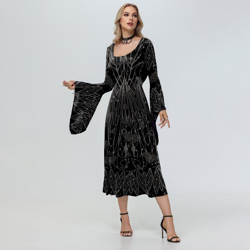 Halloween Witch Hooded Coat Dress Flared Sleeve Dress Digital Printing Dark Wind Dress Women