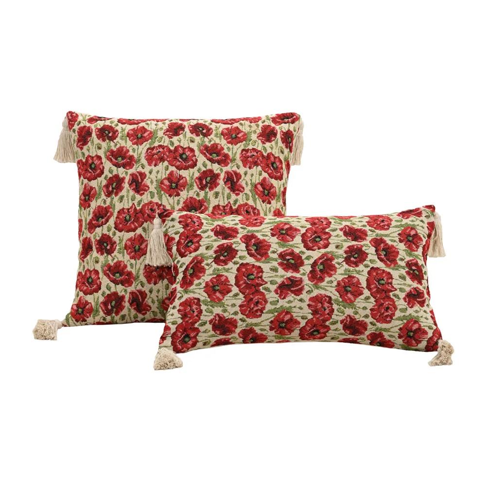 Retro European Style Cotton Linen Flower Cushion Pillowcase Living Room Sofa Backrest High Precision Jacquard Cushion Cover