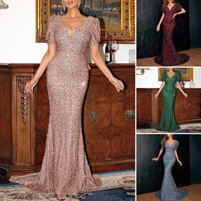 Kobieca sukienka wieczorowa, błyszczące cekiny, krótkie bufiaste rękawy, dekolt w serek, dopasowany krój, długość do podłogi, duża kokarda z tyłu, średnia talia, na przyjęcie koktajlowe, wesele, bankiet