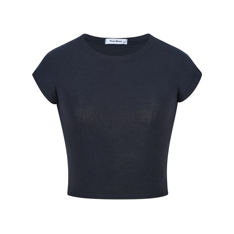 American Style Sexy Pure Desire Style round Neck Shoulder Short Sleeve T-shirt Female Summer Apricot Silm Slim Looking Short Midriff-Baring Top