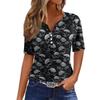 Women's Casual Print V-Neck Short Sleeve T-Shirt with Decorative Buttons